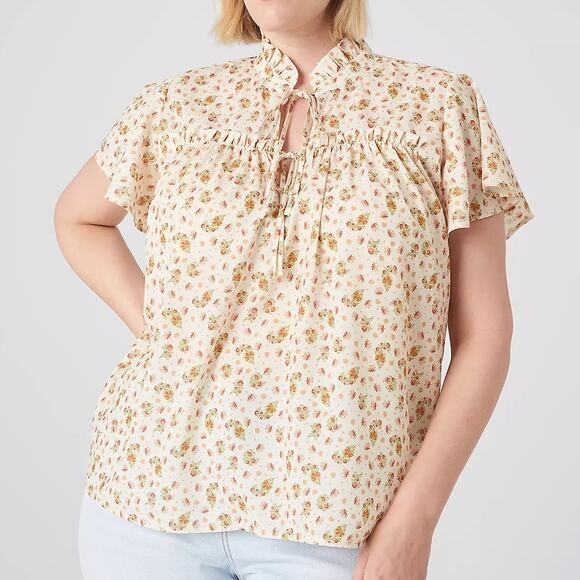 Lane Bryant NWT Cream & Coral Floral Print Double Tie Cottagecore Blouse - Picture 1 of 13